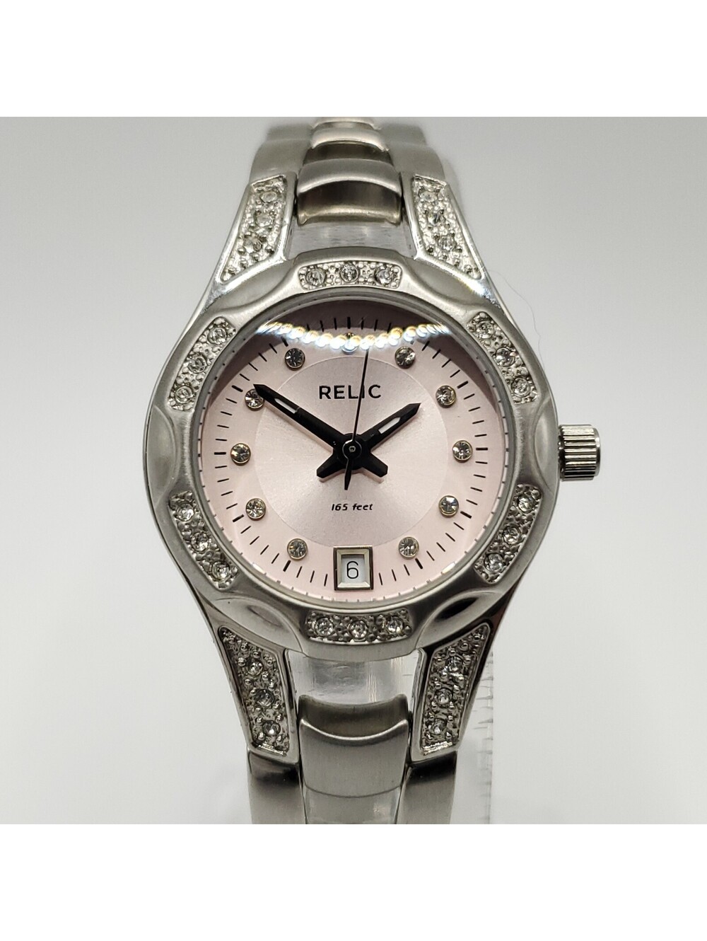 Relic Pink Date Dial Rhinestone Watch Women 25mm Silver Tone New Battery